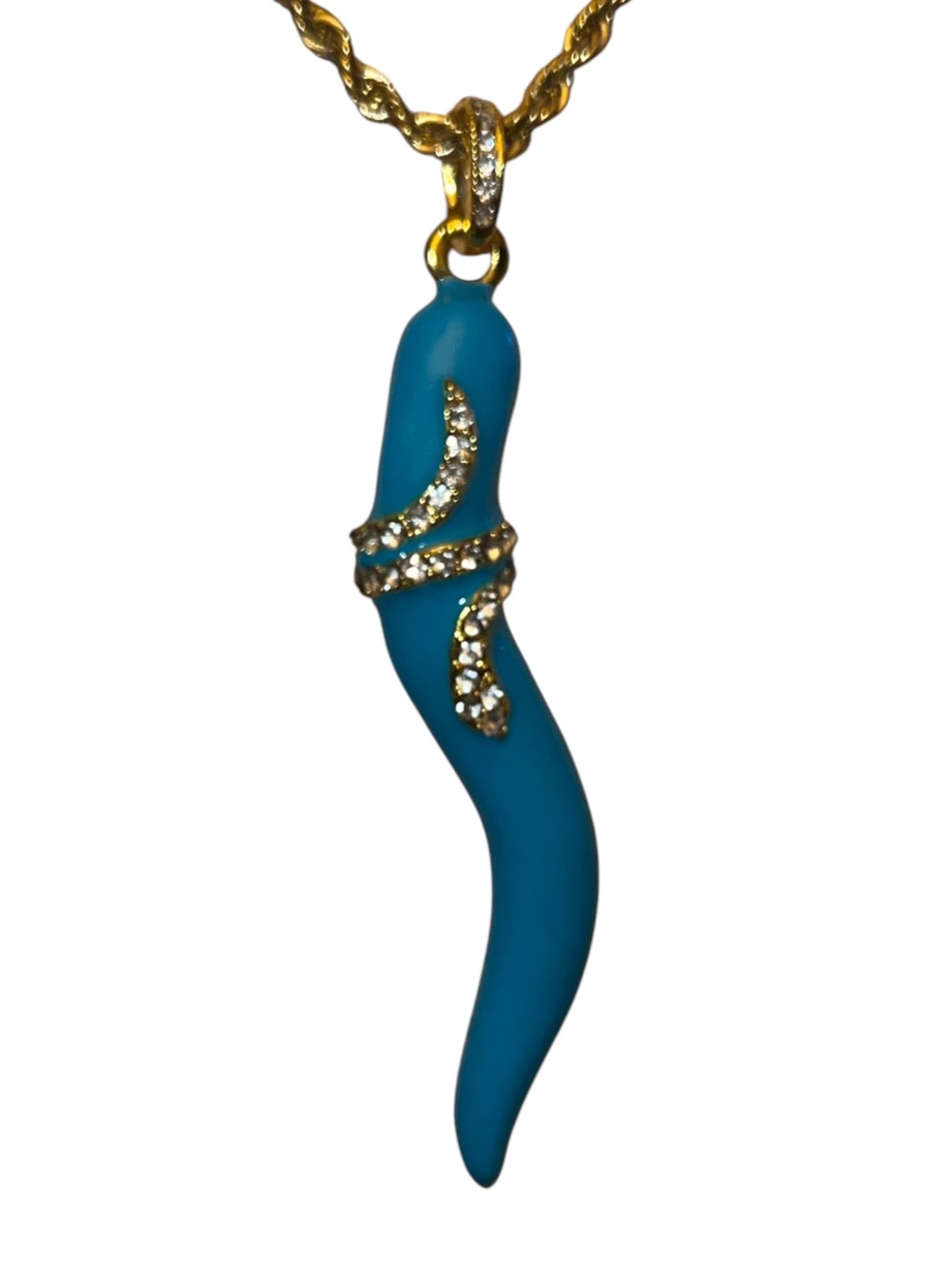 KJL Gold Tone Rope Chain Necklace w/ Turquoise Italian Enamel Horn Pendant